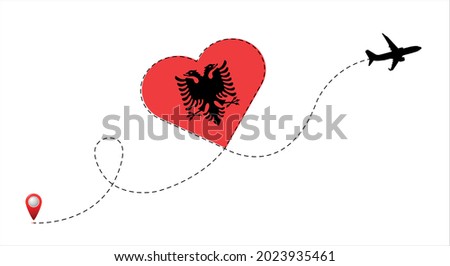 Airplane flight route with Republic of Albania flag inside the heart. Travel to your favorite country. Vector flat illustration.