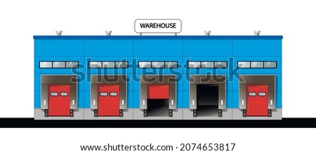 Warehouse building. Industrial architecture. Warehouse rent Flat vector illustration
