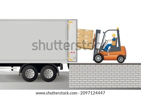A forklift loads pallets with cardboard boxes into a truck. Storage, sorting and delivery. Storage equipment. Flat vector illustration.