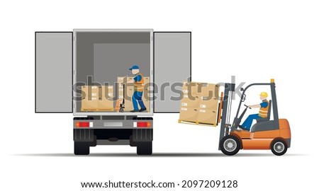 Loading a car van by means of a forklift truck and a hand pallet truck. Logistics and delivery of goods. Flat vector illustration.