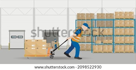 The loader moves pallets with boxes on the stack using a hand pallet truck. Storage, sorting and delivery. Storage equipment. Flat vector illustration.
