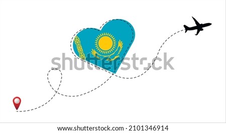 Airplane flight route with Kazakhstan flag inside the heart. Travel to your favorite country.