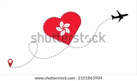Airplane flight route with Hong Kong Special Administrative Region flag inside the heart. Travel to your favorite country.