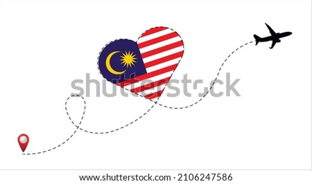 Airplane flight route with Malaysia flag inside the heart. Travel to your favorite country.
