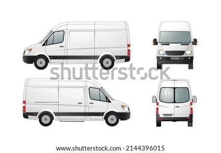 White cargo van, front, rear, right, left view. Cargo van. Flat vector illustration.