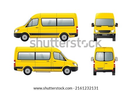 Yellow passenger minibus, front, rear, right, left view Flat vector illustration