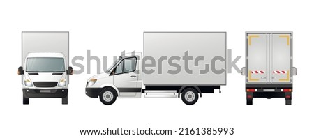 White cargo small car, side view, front, back. Cargo van. Flat vector illustration.