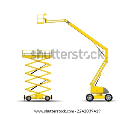 Set of images of self-propelled building lifting platforms. scissor and articulated lift. Vector illustration.