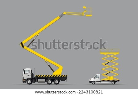Construction lifting equipment. A set of images of aerial platforms on a car chassis. Vector illustration.