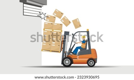Dangers of working with a forklift. Make sure the gate is open. The cargo fell apart when moving into the room. Vector illustration