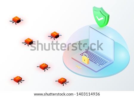 Laptop in glass dome and red bug viruses around. Isometric 3d data protection or digital online security concept. Flat vector illustration.