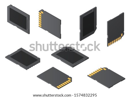 Set of cartoon 3d memory sd card in different isometric view. Concept technology hardware device isolated on white background. Vector illustration.