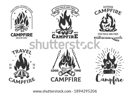 Set of cartoon composition with campfire in flat minimalistic style isolated on white background. Concept vintage design for branding print, logo, badge, . Vector hand drawn illustration.