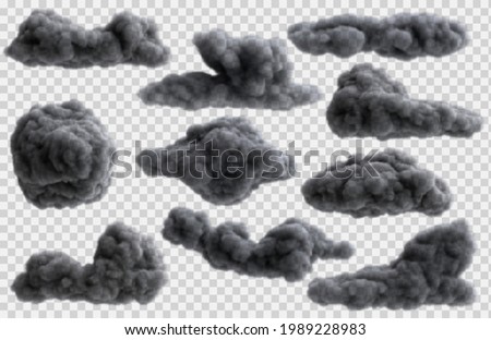 Set of realistic overcast rain clouds isolated on transparent background. Bright design element. Vector illustration.