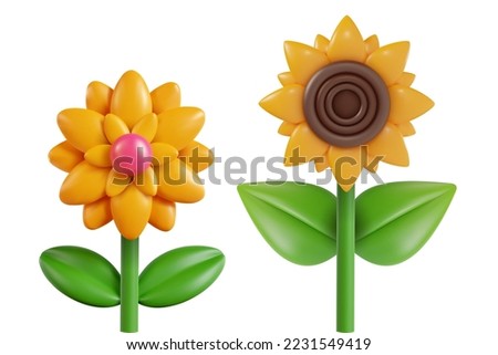 3d cartoon sunflower and flower in vector realistic funny style. Cute art element. Modern plasticine or glossy clay design object. Sweet colorful illustration on minimal background.