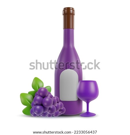 3d realistic composition with bottle, wine glass and grape. Vector object in modern minimal cartoon glossy style. Sweet colorful illustration isolated on white background.