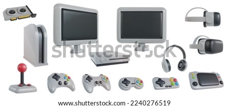 Set 3d realistic game devices in minimal funny cartoon style. Gamepad, console, vr headset, monitor, video card, headphone. Modern technology design element. Collection vector illustration or icon.