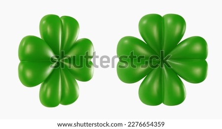 Set green clover various view isolated on white background. 3d cartoon vivid illustration in realistic minimal style. Bright modern vector graphic element. Lucky symbol or icon.