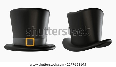 Set 3d realistic black top hat in cartoon minimal style. Bright modern vector graphic element. Retro clothing accessories. Magic equipment or vintage  decoration.