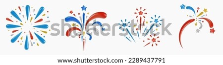 Set various vivid fireworks explosions. Festive art object for usa independence day. American national celebration design elements. Bright vector 3d cartoon illustration in minimal realistic style.