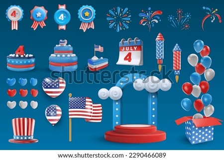 Set festive art object for usa independence day. Flag, badge, firework, balloon, cake. American national celebration design element. Bright vector 3d cartoon illustration in minimal realistic style.