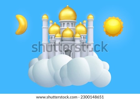 Realistic 3d vector mosque or castle on flying white cloud in heaven with sun and moon. Bright cartoon composition in modern minimal child style. Vivid illustration.