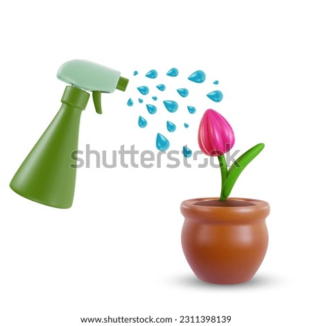 Hand sprayer watering flower in pot. 3d cartoon garden design composition in modern minimal style. Vector bright concept or illustration.
