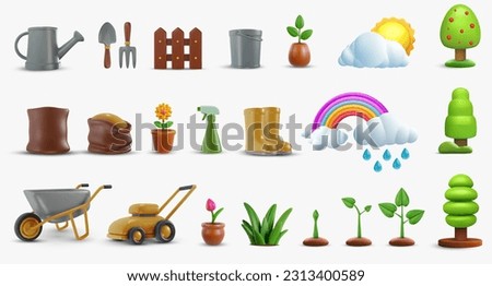 Set garden elements. Collection farm quipement on white background. Bright design objects in 3d realistic style. Modern minimal vector illustration, icon.