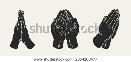Set monochrome praying hands in simple draw style. Collection various gestures isolated on white background. Vector illustration. 