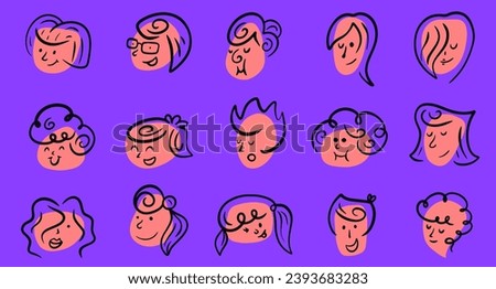 Set cartoon abstract head girl, woman, grandmother in funny simple doodle draw style. Bright fashion emotion faces various people. Bright design character emotion. Collection flat vector illustration.