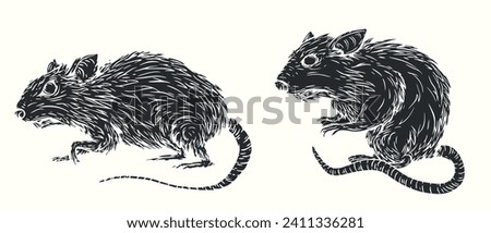 Rat silhouette in vintage hand drawn style. Monochrome illustration for tattoo, mascot, emblem. Vector illustration.