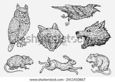 Hand drawn illustration animals and birds in monochrome color isolated white background. Owl, raven, car, wolf, rabbit, rat. Set silhouette character for tattoo, mascot. Vector art elements.