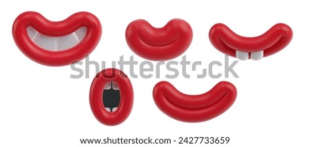 Set smiling mouth in 3d cartoon style. Collection funny positive character emotion. Vector illustration.