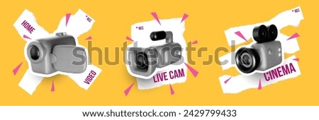 Set modern art collage composition with video camera and decorative elements. Creative bright trendy concept illustration. Stylish vector background for cover banner, poster, card.