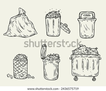 Set garbage containers in monochrome sketch style isolated on white background. Collection design elements. Trash bin, pack, box. Vector illustration.