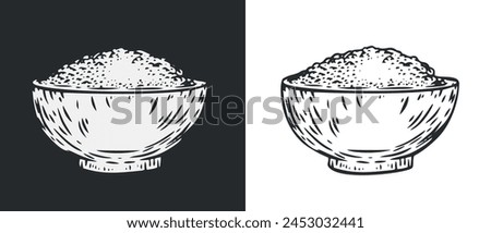 Hand draw bowl with flour, grain or sugar in monochrome sketch style. Agriculture organic food package. Engraving vintage vector illustration.