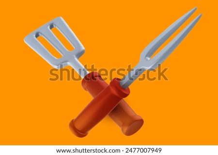 3d spatula and fork in realistic cartoon style. Two crossed bright bbq grill tools. Vector illustration.