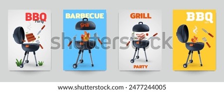 Barbecue background composition in bright realistic 3d style. Set of modern templates for cover flyer, card, banner, poster, invitation. Bbq branding party. Vector illustration.