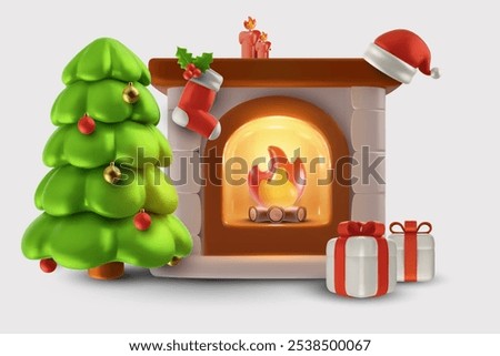 Realistic vector 3d christmas or new year composition isolated on white background. Bright burning fireplace with xmas tree and festive elements. Modern cute child illustration.