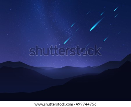 Falling Stars, asteroids or meteors in night sky over mountain. Vector illustration.