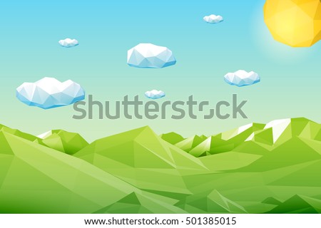 Abstract polygonal green landscape with mountains, hills, clouds and sun. Modern geometric vector illustration.