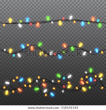 Set of color garlands, festive decorations. Glowing christmas lights isolated on transparent background. Vector seamless horizontal objects.