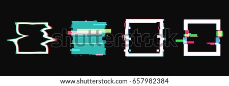 Set of simple geometric square form, frames or border in distorted glitch style. Modern trendy background shapes for design banner, poster, cover, flyer, brochure, card. Vector illustration.