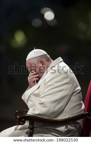 ROME, ITALY - APRIL 18, 2014: Pope Francis celebrates the \'Via Crucis\' procession at Colosseum in Rome on April 18, 2014.