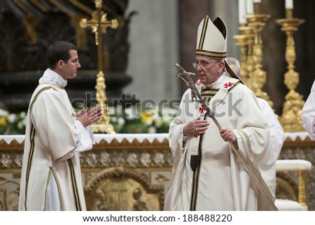 VATICAN CITY, VATICAN - APRIL 19, 2014: Pope Francis leads the Easter vigil mass in Saint Peter\'s Basilica on Holy Saturday. Vatican City, 19 April 2014.
