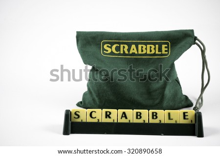 KUALA LUMPUR, MALAYSIA - SEPTEMBER 27, 2015: Scrabble Tile Bag from the Word Game with the word \
