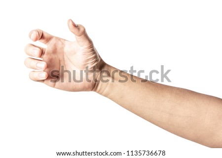 Close up hand holding something like a bottle or can isolated on white background with clipping path. 商業照片 © 