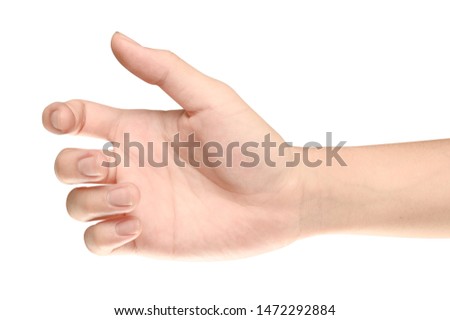 Close up hand holding something like a bottle or can isolated on white background with clipping path. 商業照片 © 