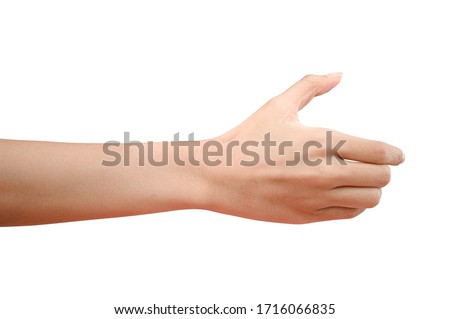 Close up hand holding something like a bottle or can isolated on white background with clipping path. ストックフォト © 