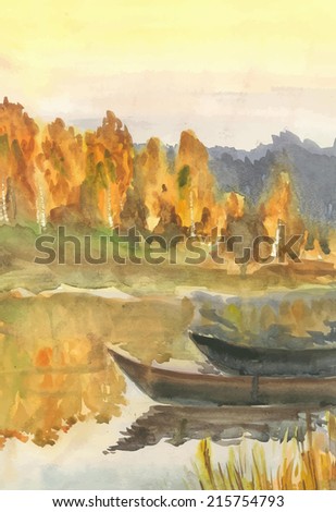 autumn landscape with boats and trees on the river bank. vector illustration